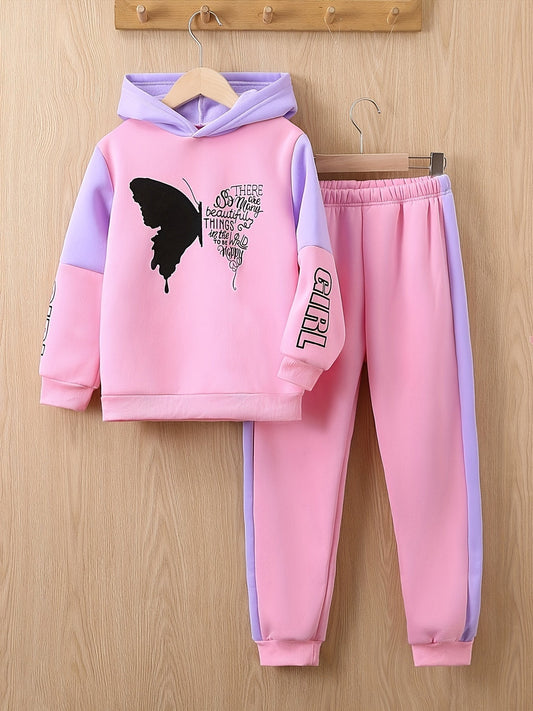 Conjunto de 2 piezas para niñas: sudadera con capucha de forro polar y pantalones con estampado de mariposas - Angel