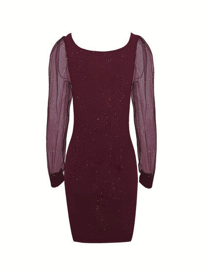 Bodycon Midi Cocktail Dress for Women with Glitter and Sheer Sleeves