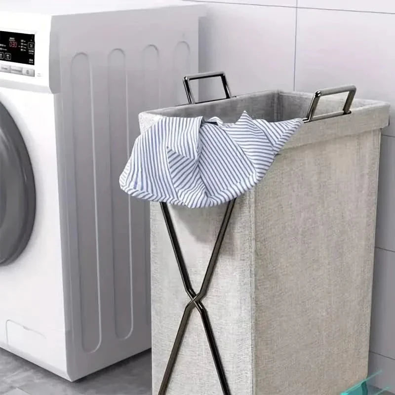 Foldable Laundry Basket with Metal Frame and Woven Fabric Storage Bag