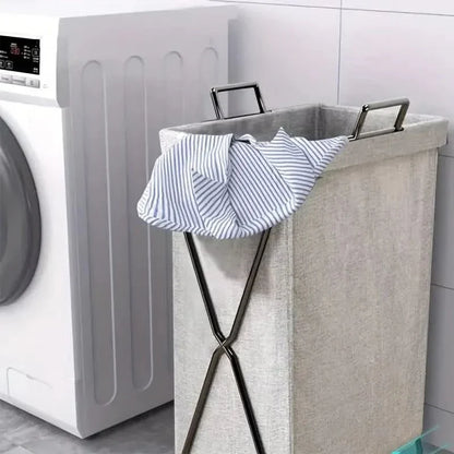 Foldable Laundry Basket with Metal Frame and Woven Fabric Storage Bag