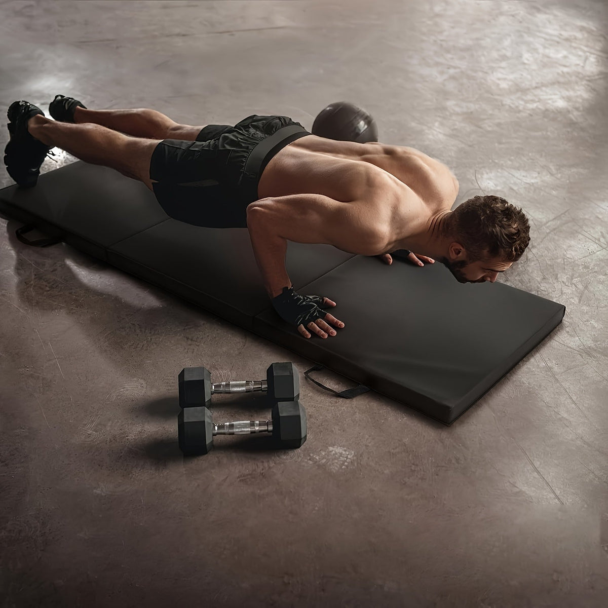 Esterilla de yoga portátil plegable en tres partes, con acolchado grueso, superficie antideslizante de PU y asa