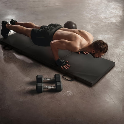 Esterilla de yoga portátil plegable en tres partes, con acolchado grueso, superficie antideslizante de PU y asa