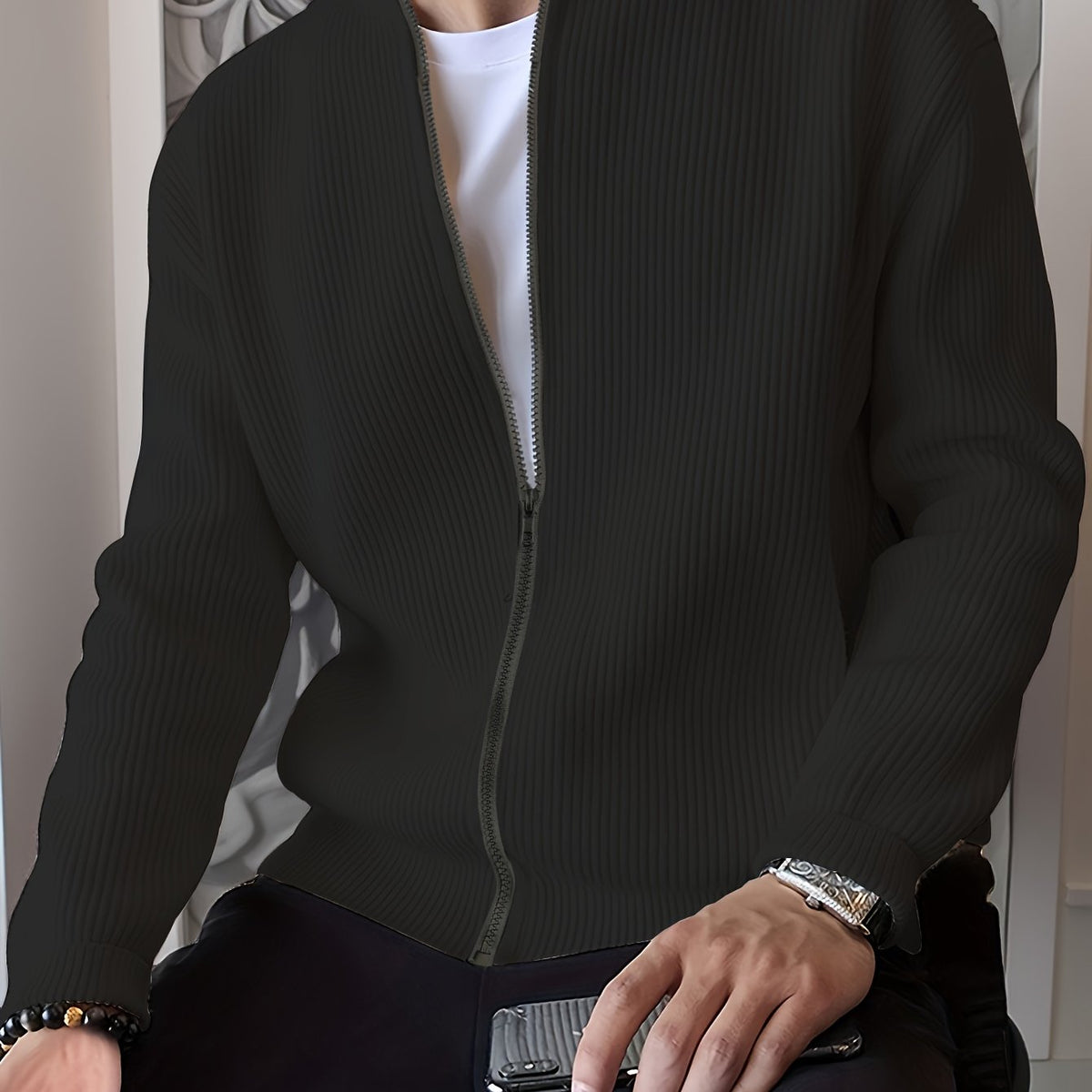 Cardigan da uomo a coste con zip – Vestibilità comoda per autunno e inverno
