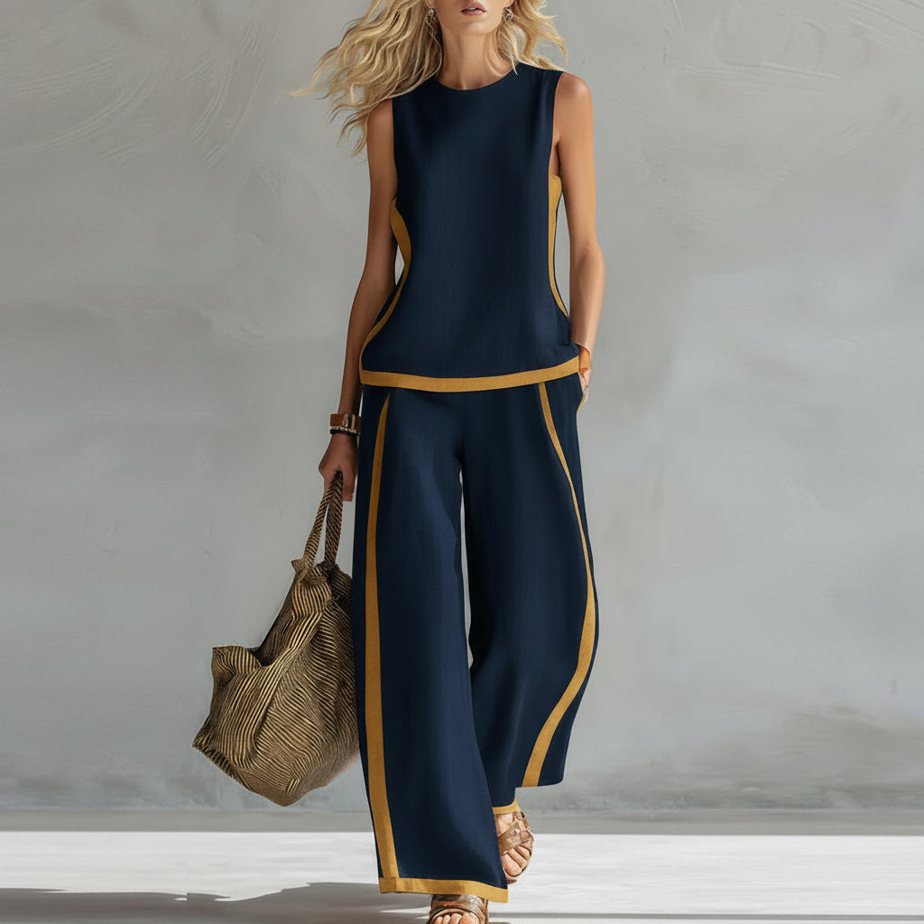 Damen ärmellose Weste und Set bestehend aus hoch taillierter Hose mit weitem Bein