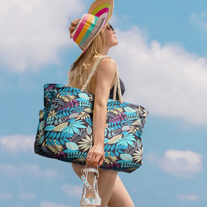 Grand sac de plage tendance à imprimé feuillage - spacieux, résistant et idéal pour les vacances
