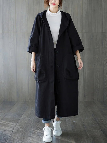 Oversized Midi Trench Coat with Hood and Large Pockets for Women