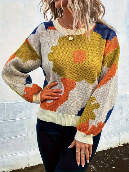 Ladies' Colourful Knitted Jumper with Round Neck and Floral Print