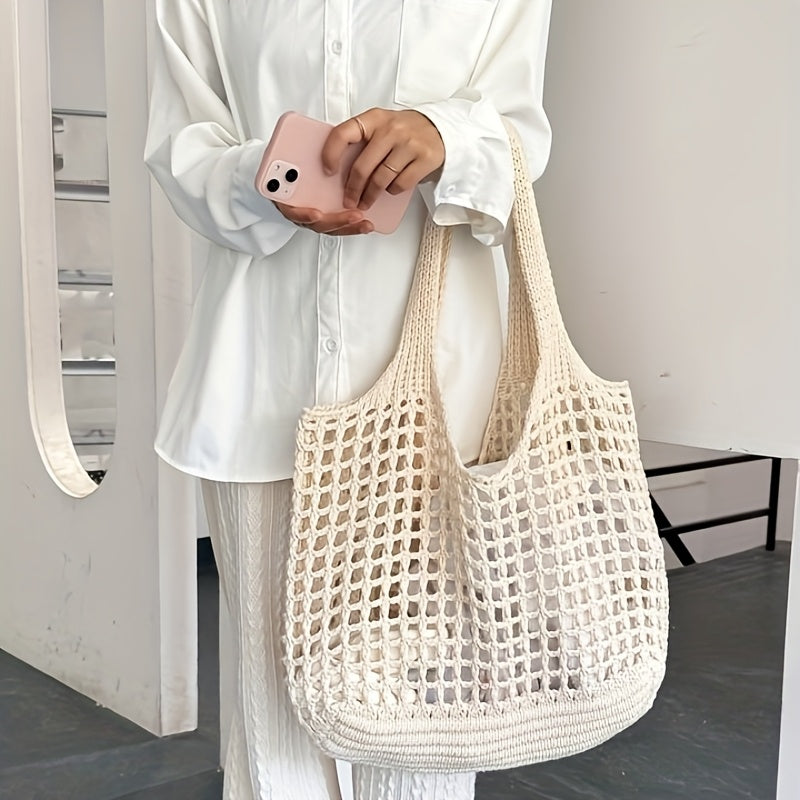 Borsa da spiaggia intrecciata a rete aperta, capiente, da donna