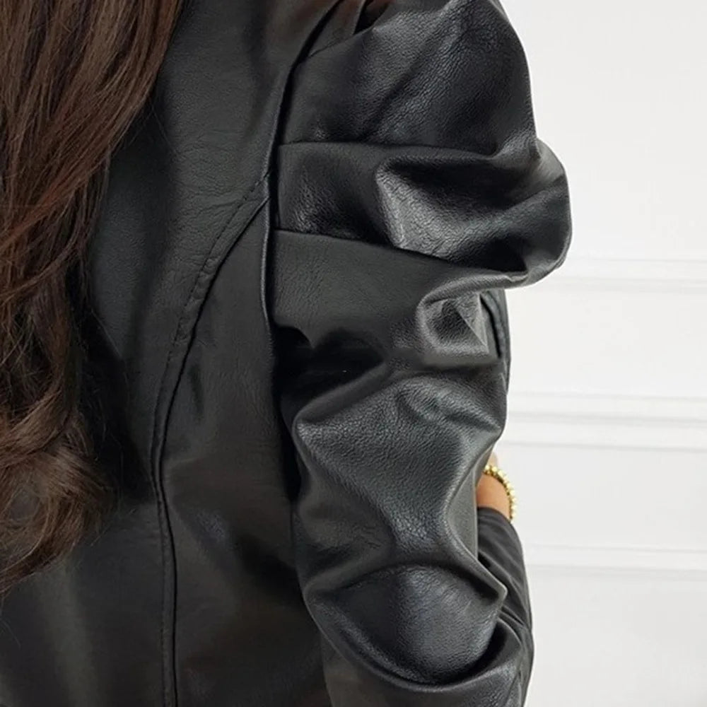 Leather Jacket with O-Neck & Ribbed Puff Sleeves