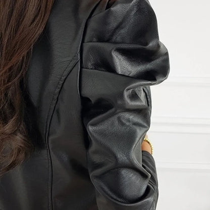 Leather Jacket with O-Neck & Ribbed Puff Sleeves