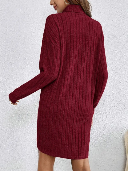 Trendy Ribbed Mini Sweater Dress for Women with Roll Neck and Long Sleeves