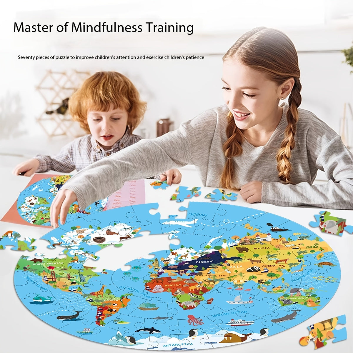 Rompecabezas de suelo de 70 piezas con animales – Diseño de mapa del mundo redondo para niños