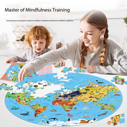 Rompecabezas de suelo de 70 piezas con animales – Diseño de mapa del mundo redondo para niños
