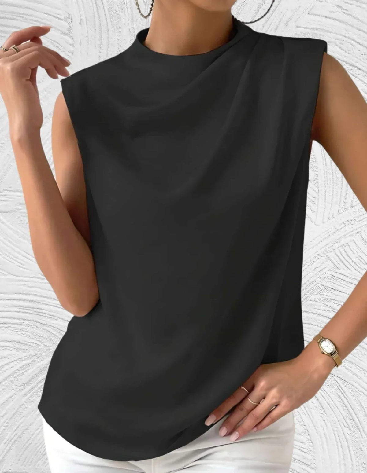 Elegant Ladies Satin Top with Waterfall Neckline and Sleeveless Design