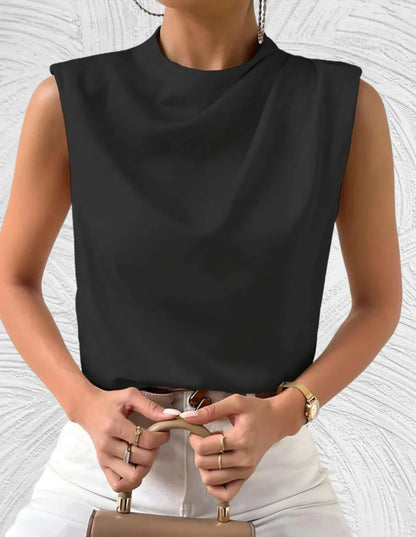 Elegant Ladies Satin Top with Waterfall Neckline and Sleeveless Design