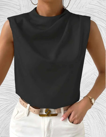 Elegant Ladies Satin Top with Waterfall Neckline and Sleeveless Design