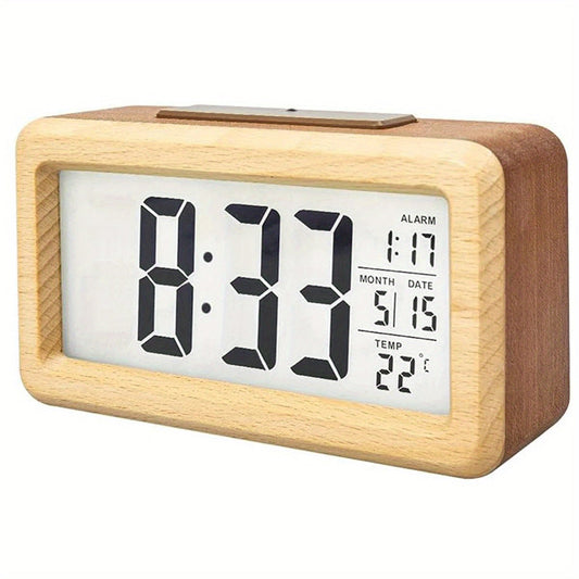 Wooden Digital Alarm Clock – LED Display with Temperature and Date