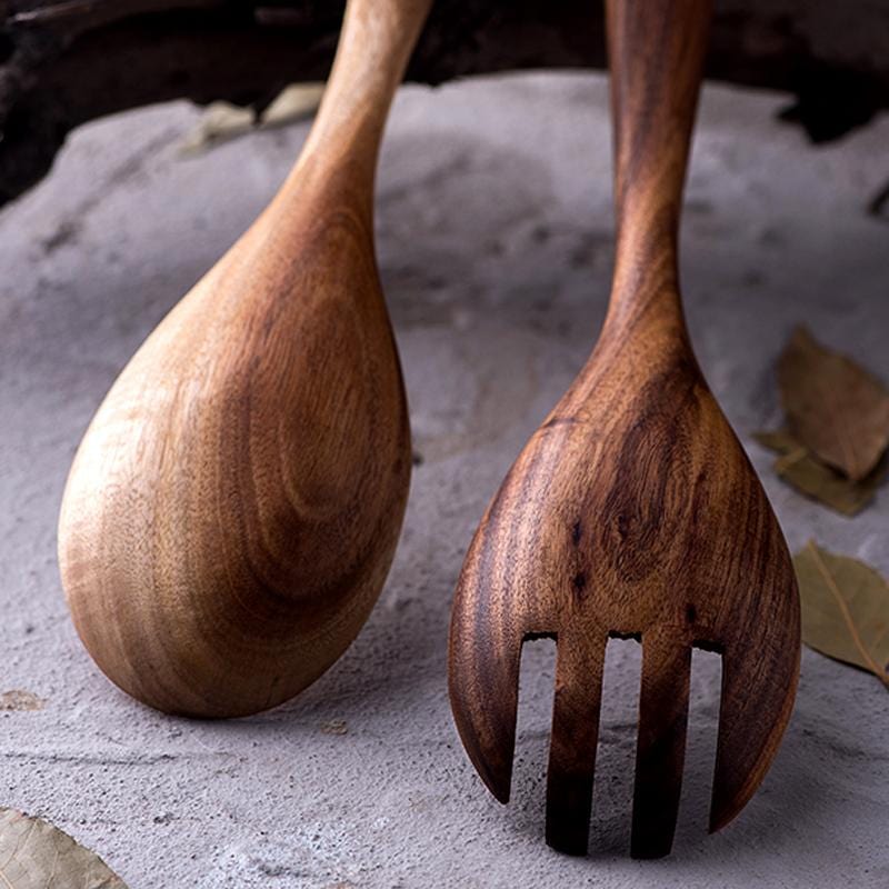 Set de ensalada de madera de acacia - Hecho a mano - Sostenible - Perfecto para cualquier cocina