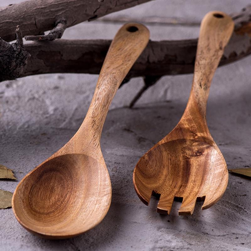 Set de ensalada de madera de acacia - Hecho a mano - Sostenible - Perfecto para cualquier cocina