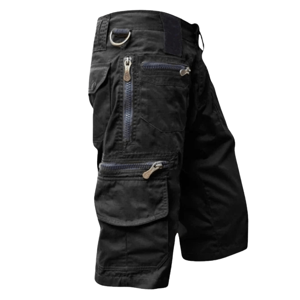 Men's Cotton Cargo Shorts with Zipper Pockets and Elastic Waist