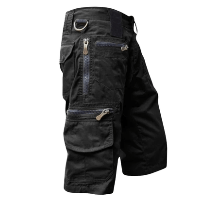 Men's Cotton Cargo Shorts with Zipper Pockets and Elastic Waist