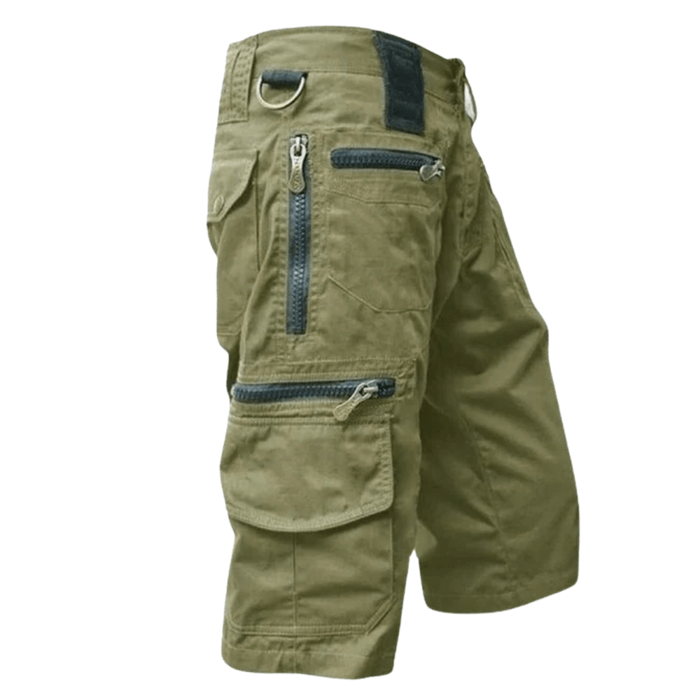 Men's Cotton Cargo Shorts with Zipper Pockets and Elastic Waist