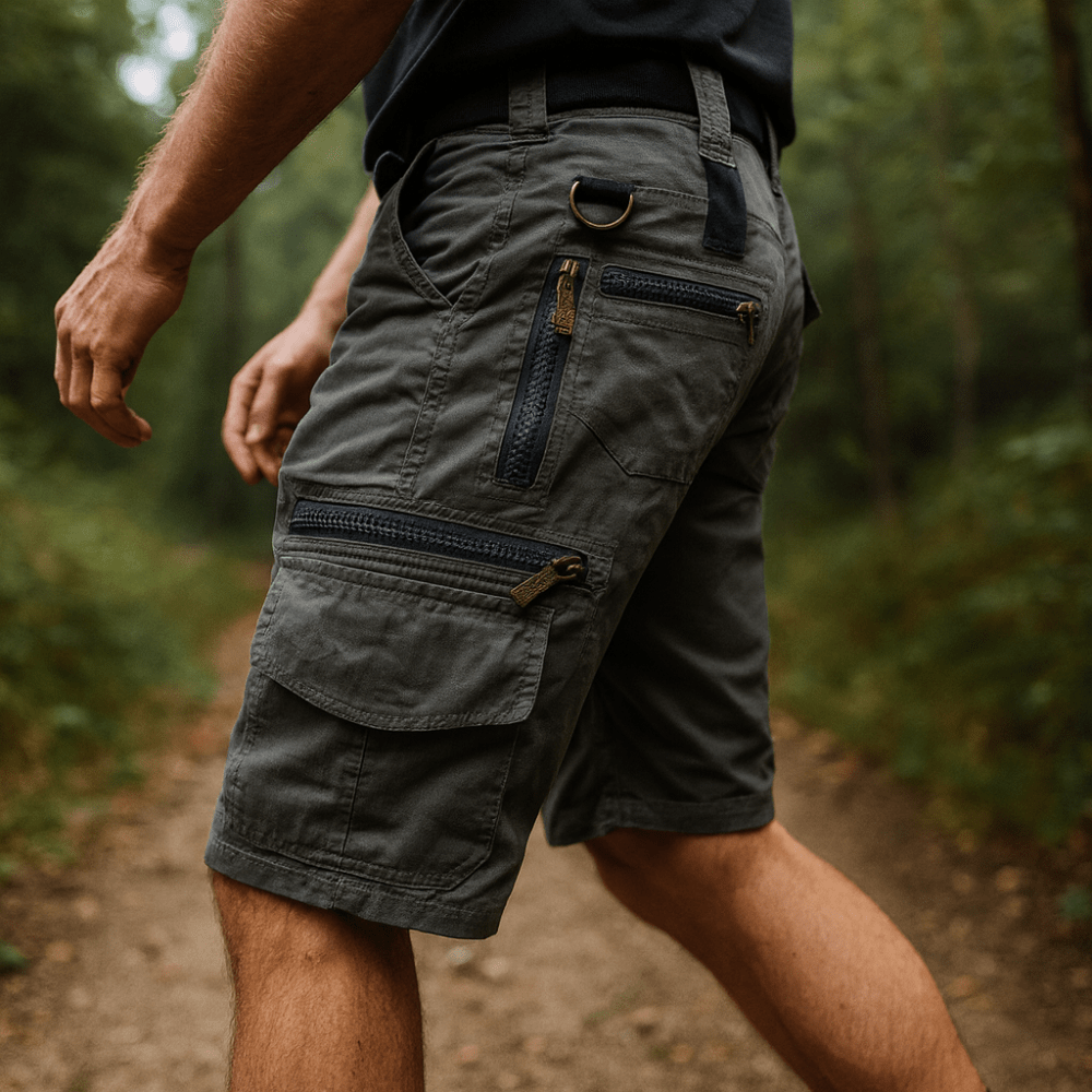 Men's Cotton Cargo Shorts with Zipper Pockets and Elastic Waist