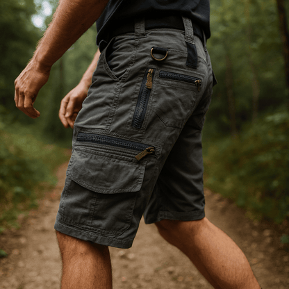 Men's Cotton Cargo Shorts with Zipper Pockets and Elastic Waist