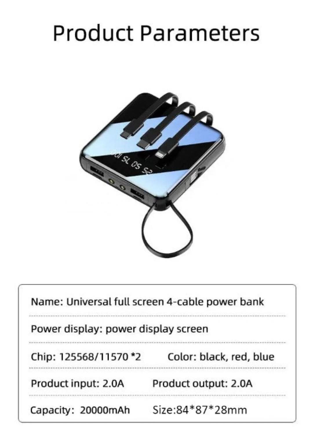 Mini-powerbank | 4 kabels, 20000 mAh