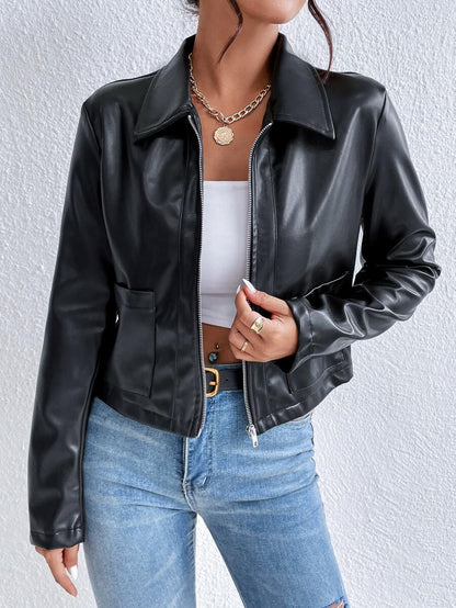 Ladies' Stylish Faux Leather Jacket with Wide Collar and Pockets