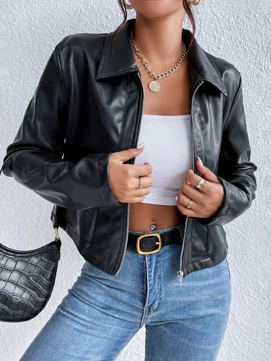 Ladies' Stylish Faux Leather Jacket with Wide Collar and Pockets