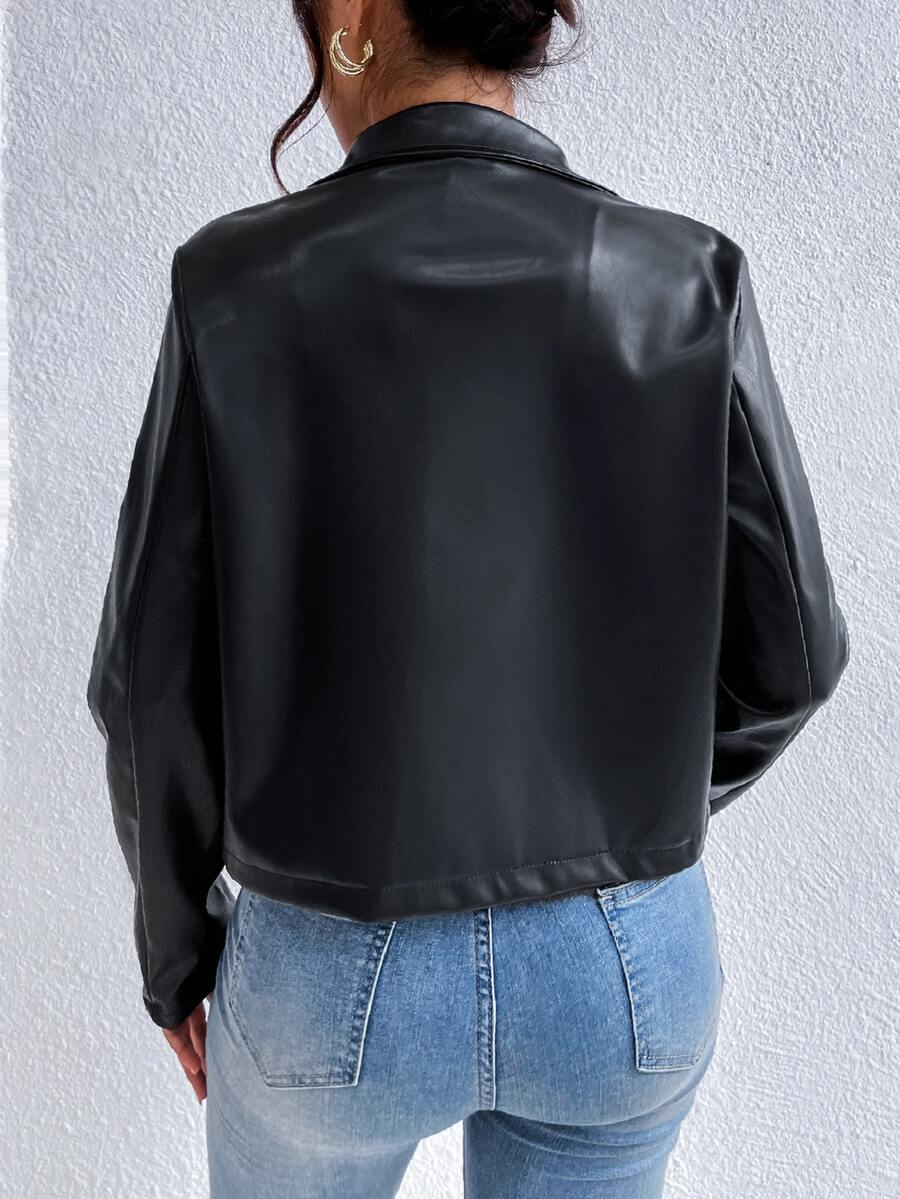 Ladies' Stylish Faux Leather Jacket with Wide Collar and Pockets