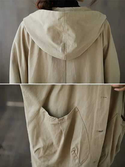 Oversized Midi Trench Coat with Hood and Large Pockets for Women