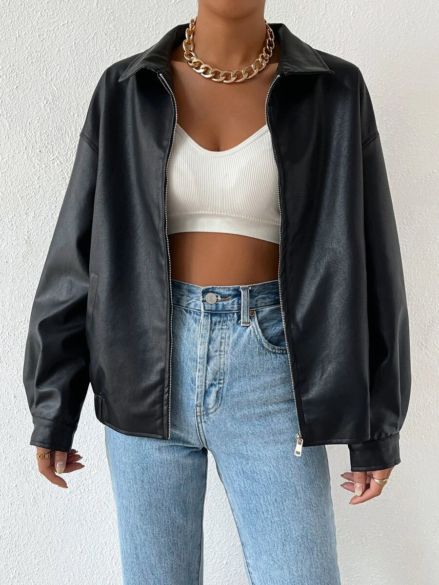 Ladies' Stylish Faux Leather Jacket with Dropped Shoulders
