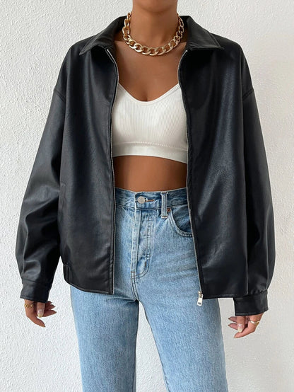 Ladies' Stylish Faux Leather Jacket with Dropped Shoulders