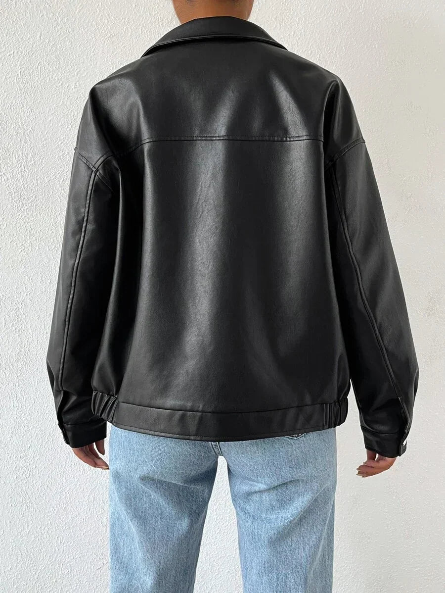 Ladies' Stylish Faux Leather Jacket with Dropped Shoulders