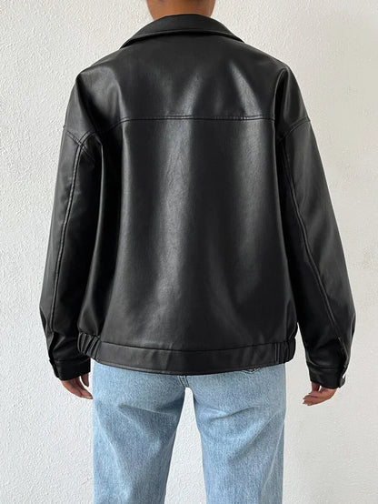 Ladies' Stylish Faux Leather Jacket with Dropped Shoulders