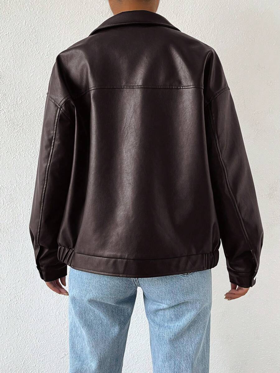 Ladies' Stylish Faux Leather Jacket with Dropped Shoulders
