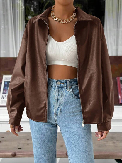 Ladies' Stylish Faux Leather Jacket with Dropped Shoulders