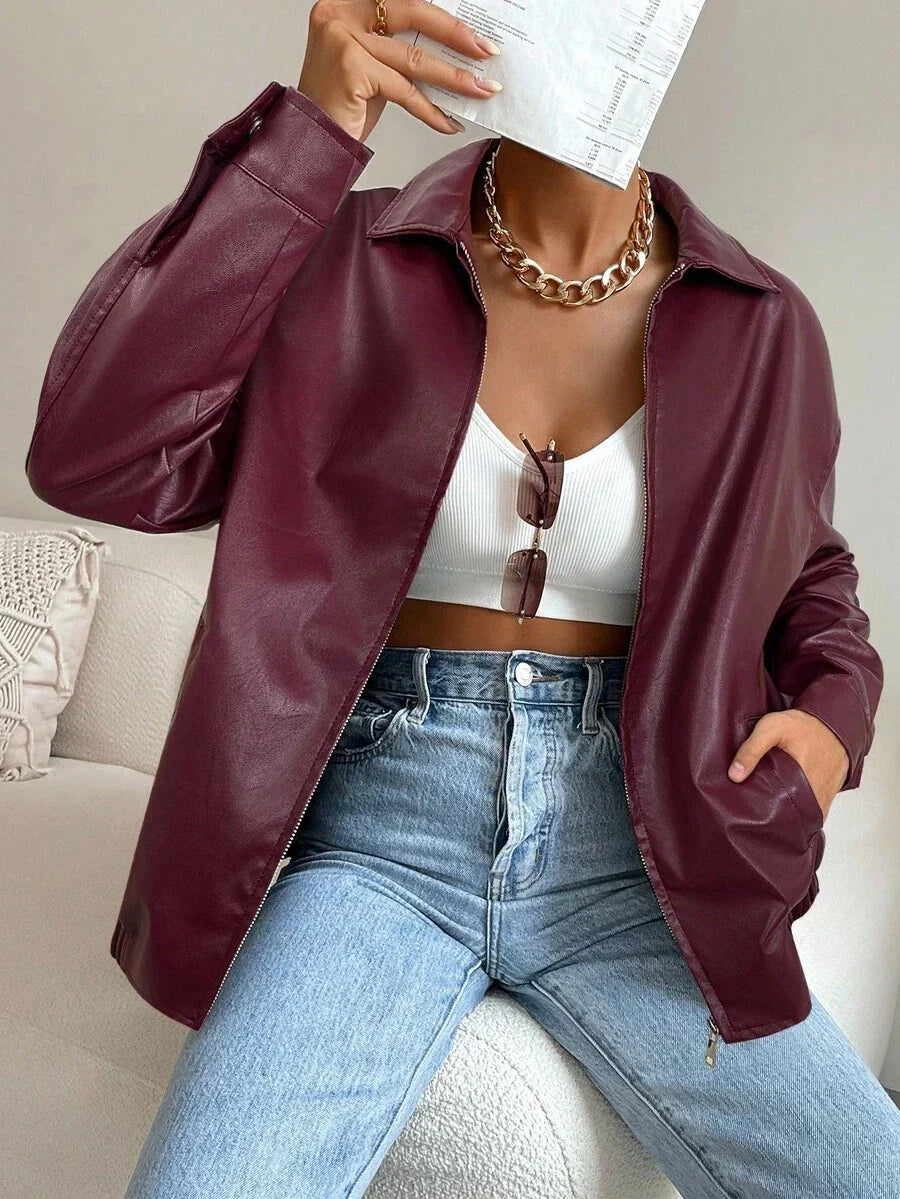 Ladies' Stylish Faux Leather Jacket with Dropped Shoulders