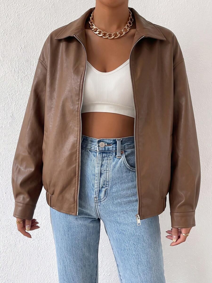 Ladies' Stylish Faux Leather Jacket with Dropped Shoulders