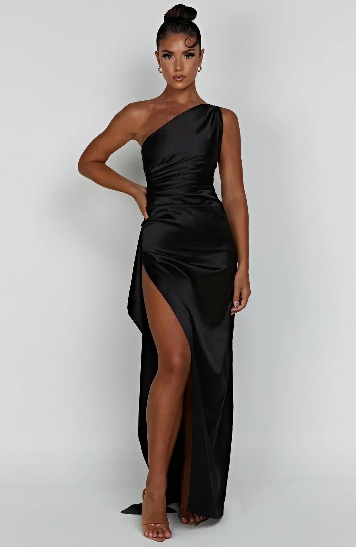 Elegant Satin One Shoulder Maxi Evening Dress with High Split