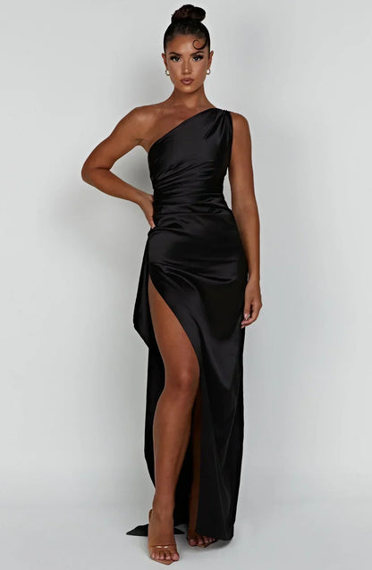Elegant Satin One Shoulder Maxi Evening Dress with High Split