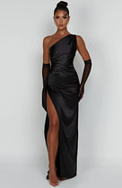 Elegant Satin One Shoulder Maxi Evening Dress with High Split