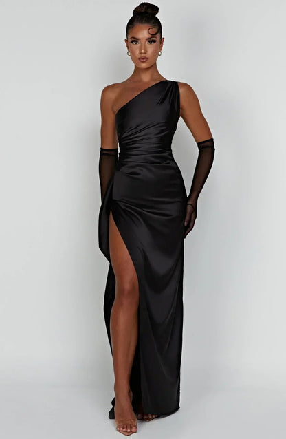 Elegant Satin One Shoulder Maxi Evening Dress with High Split