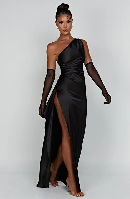 Elegant Satin One Shoulder Maxi Evening Dress with High Split