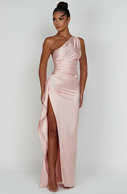 Elegant Satin One Shoulder Maxi Evening Dress with High Split
