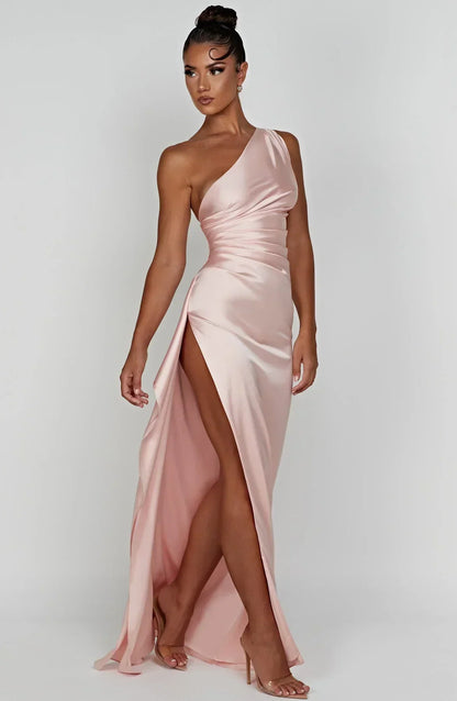 Elegant Satin One Shoulder Maxi Evening Dress with High Split