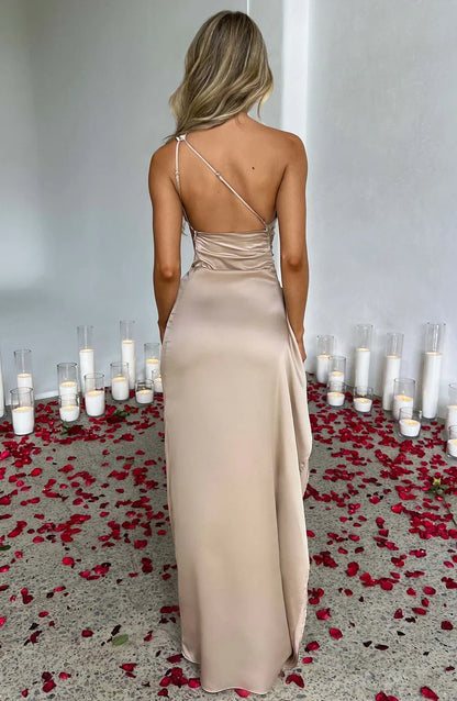 Elegant Satin One Shoulder Maxi Evening Dress with High Split