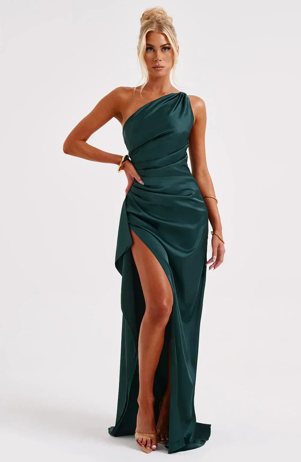 Elegant Satin One Shoulder Maxi Evening Dress with High Split
